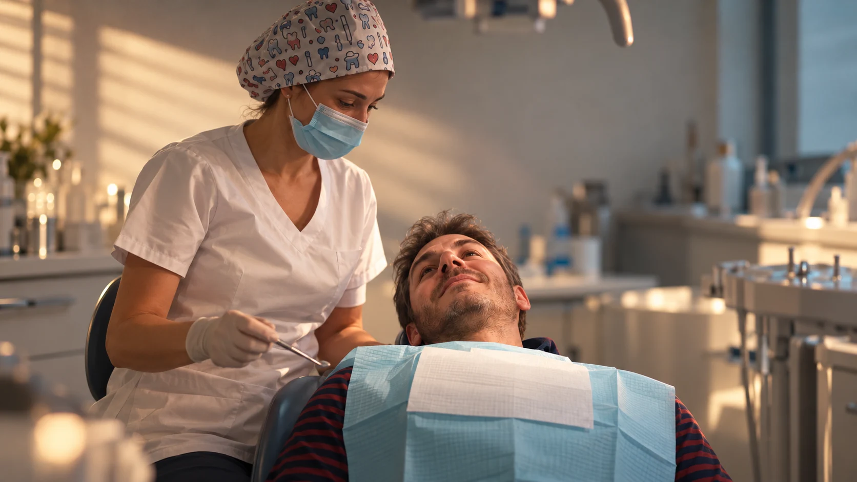 Imagen ilustrativa de una profesional dental atendiendo a un paciente